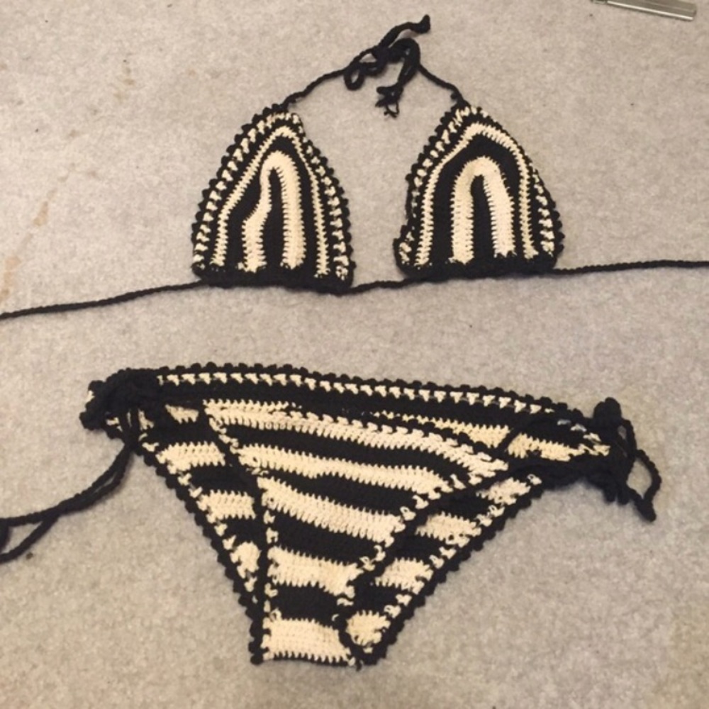 Crocheted Black and Cream Bikini